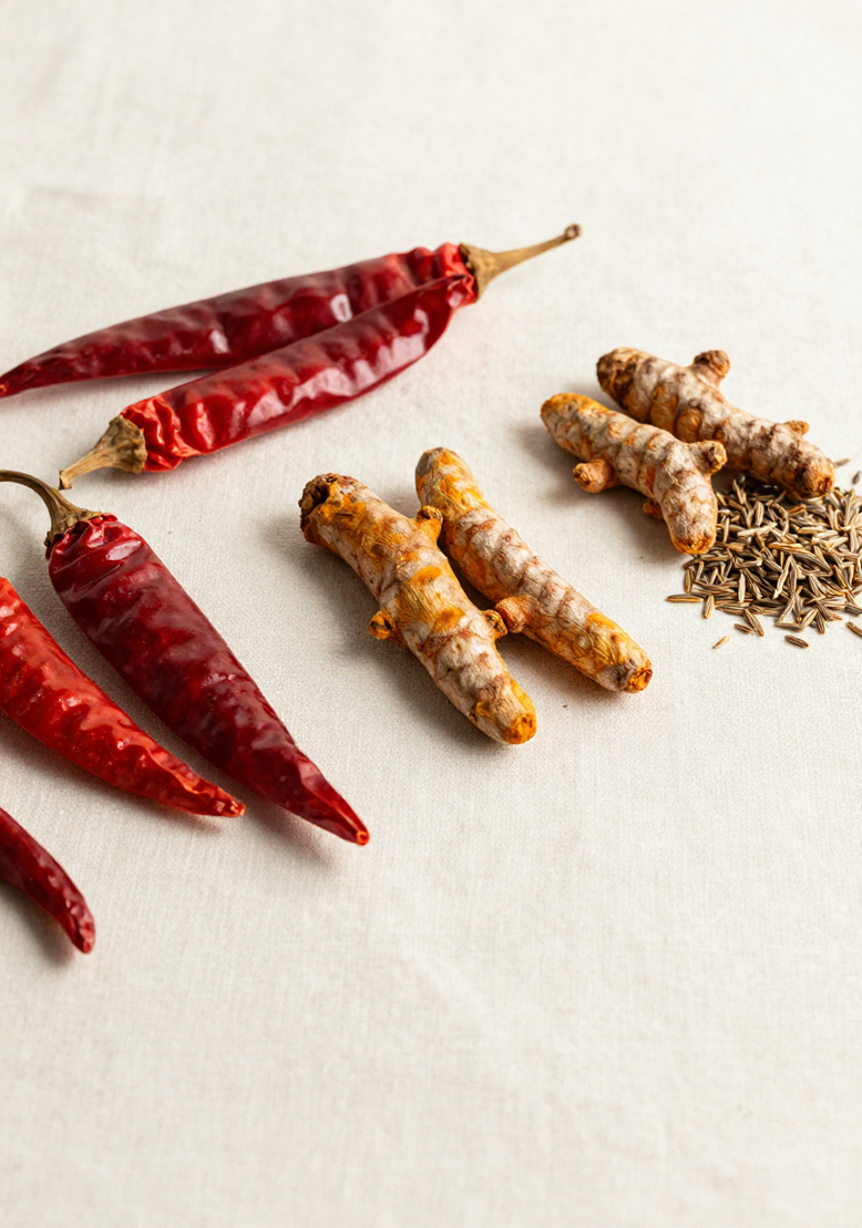 Raw whole red chillies and turmeric fingers