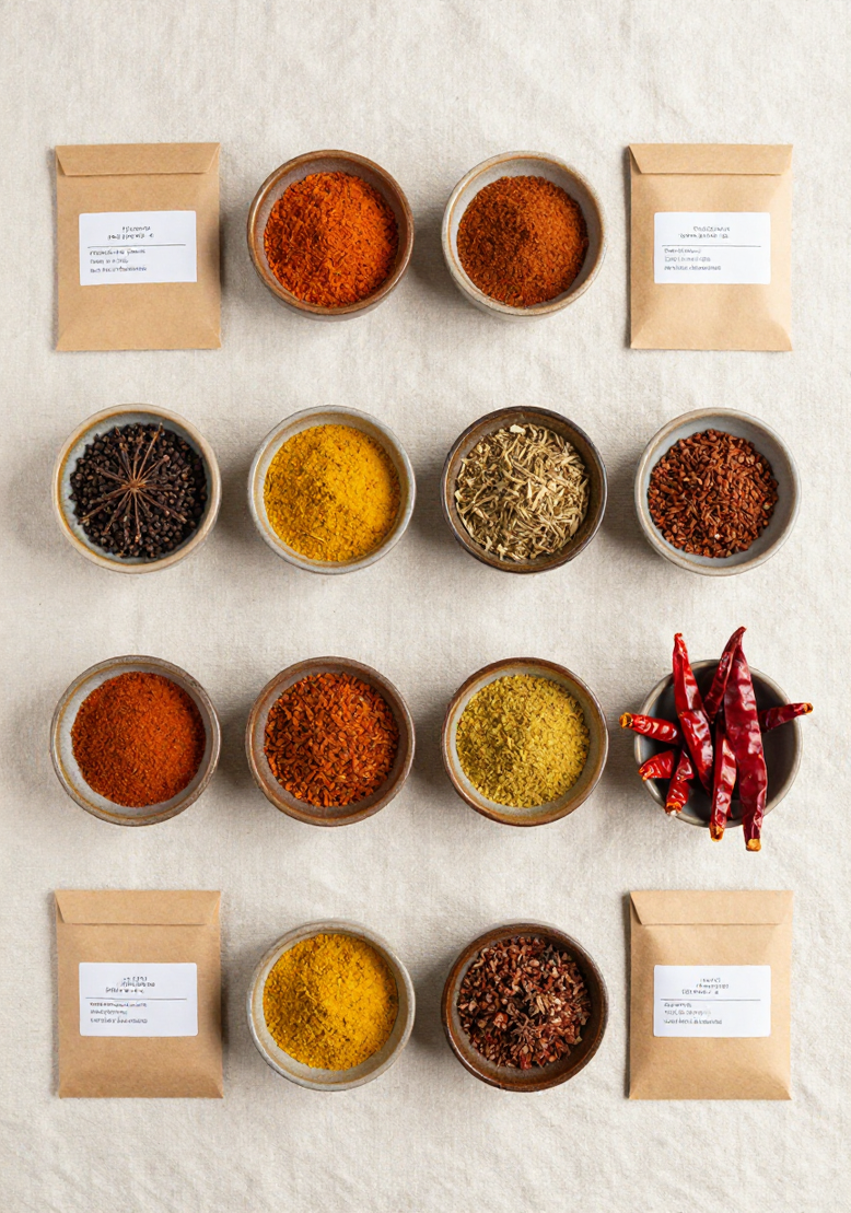 Vishesh Overseas Inc. - Whole dried chillies, golden turmeric roots, and green cardamom pods on neutral surface