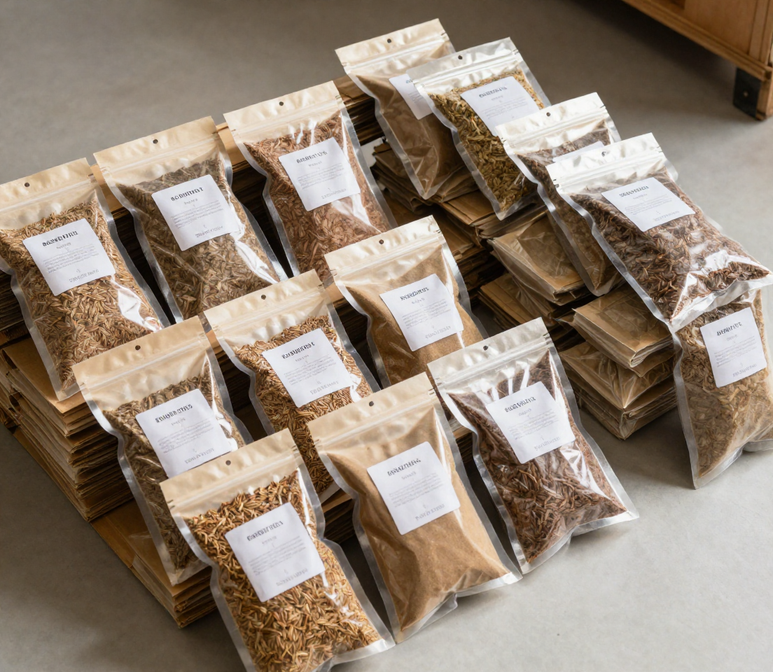 Sealed sample pouches of whole and ground spices